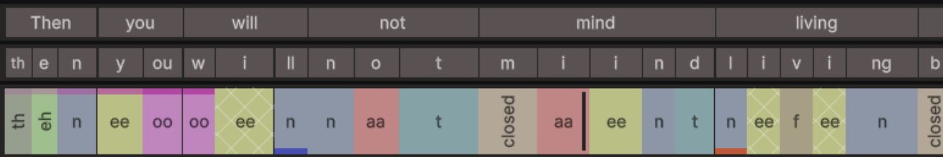 The Words, Letters and Visemes rows, with the pointer over the boundary between two cues showing a horizontal resize cursor.