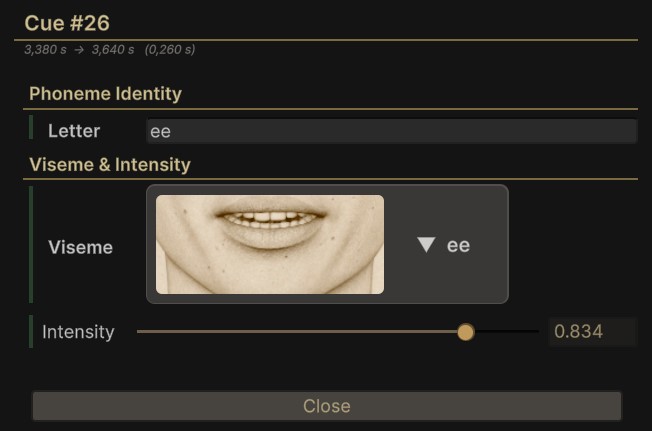 The cue editor, showing the cue's letter, its viseme with a rendered preview of the mouth shape, and an intensity slider