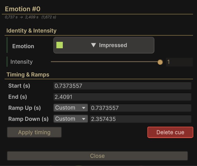 The emotion cue editor, with an emotion picker and intensity above start, end, ramp up and ramp down fields